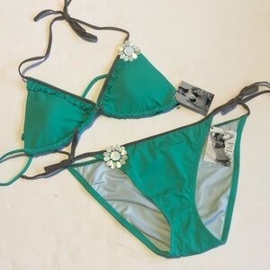 Teal Bikini Set with Floral Accents